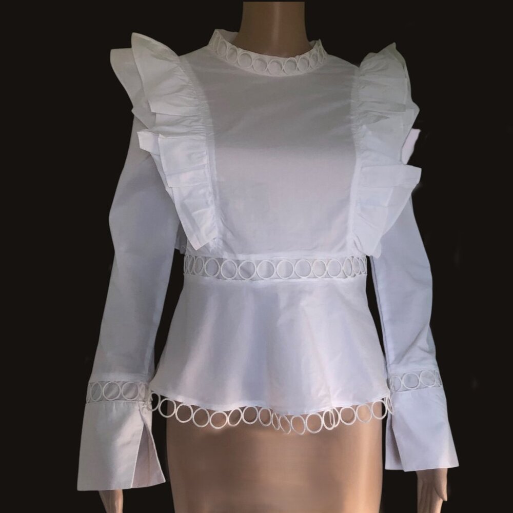 INA Large Ruffles Circular Lace Detail Peplum White Poplin Blouse Size S - XS - Picture 3 of 5